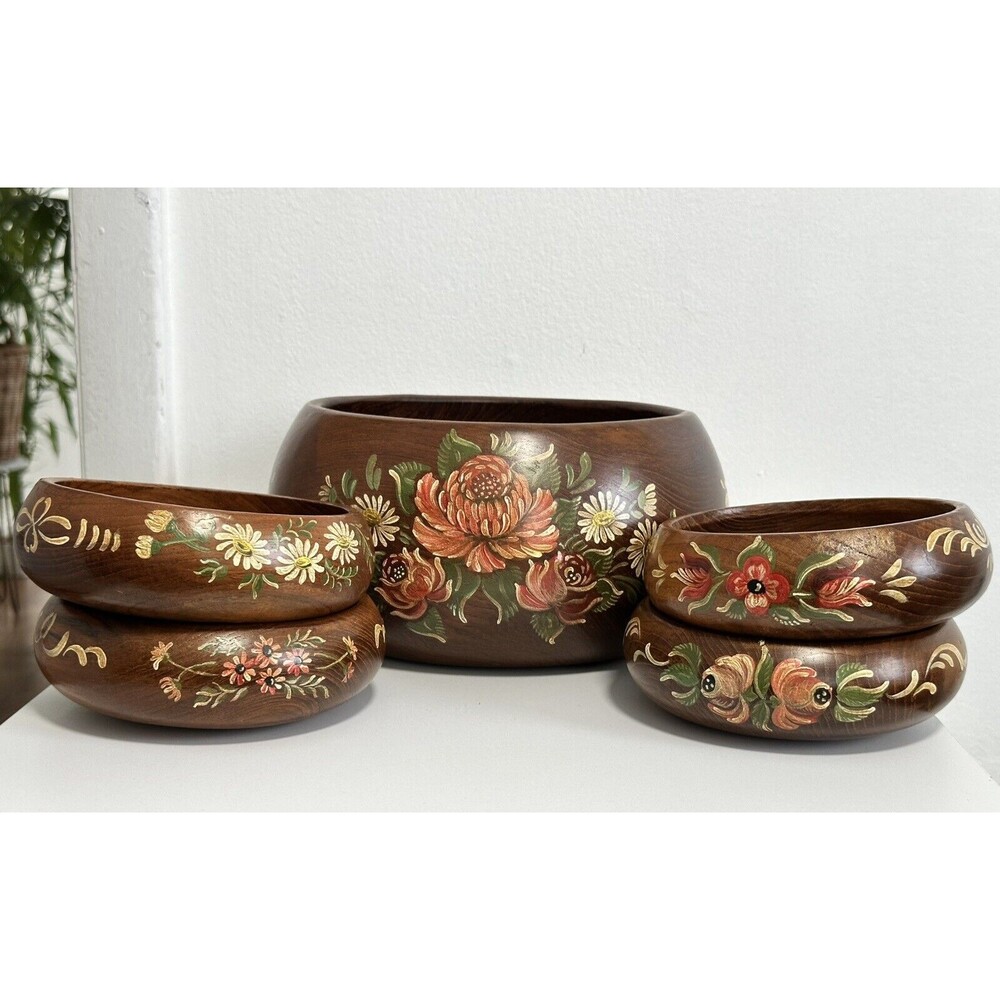 Vintage Wooden Bowl Sets Hand Painted Flowers 1982 Artist Signed R.S